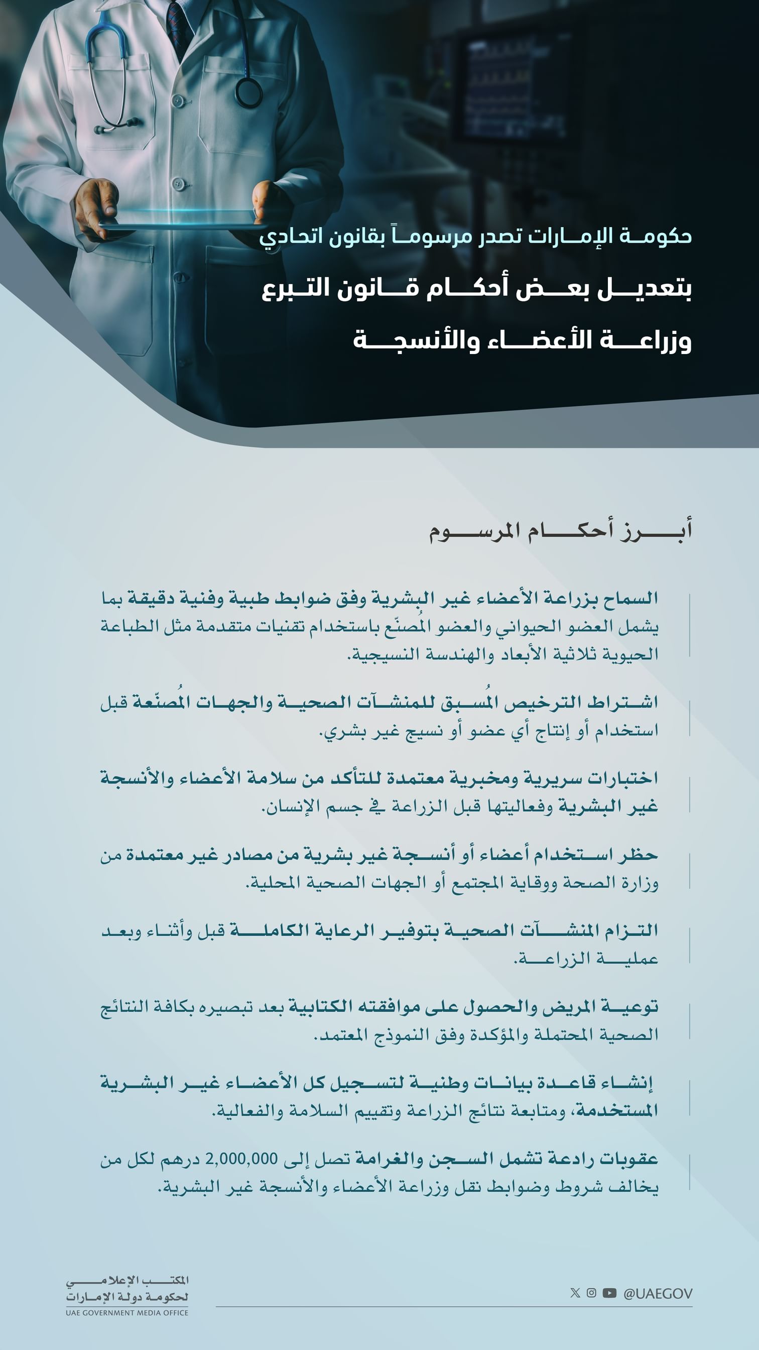 UAE Government issues Federal Decree-Law amending certain provisions of Law on Donation and Transplantation of Organs and Tissues