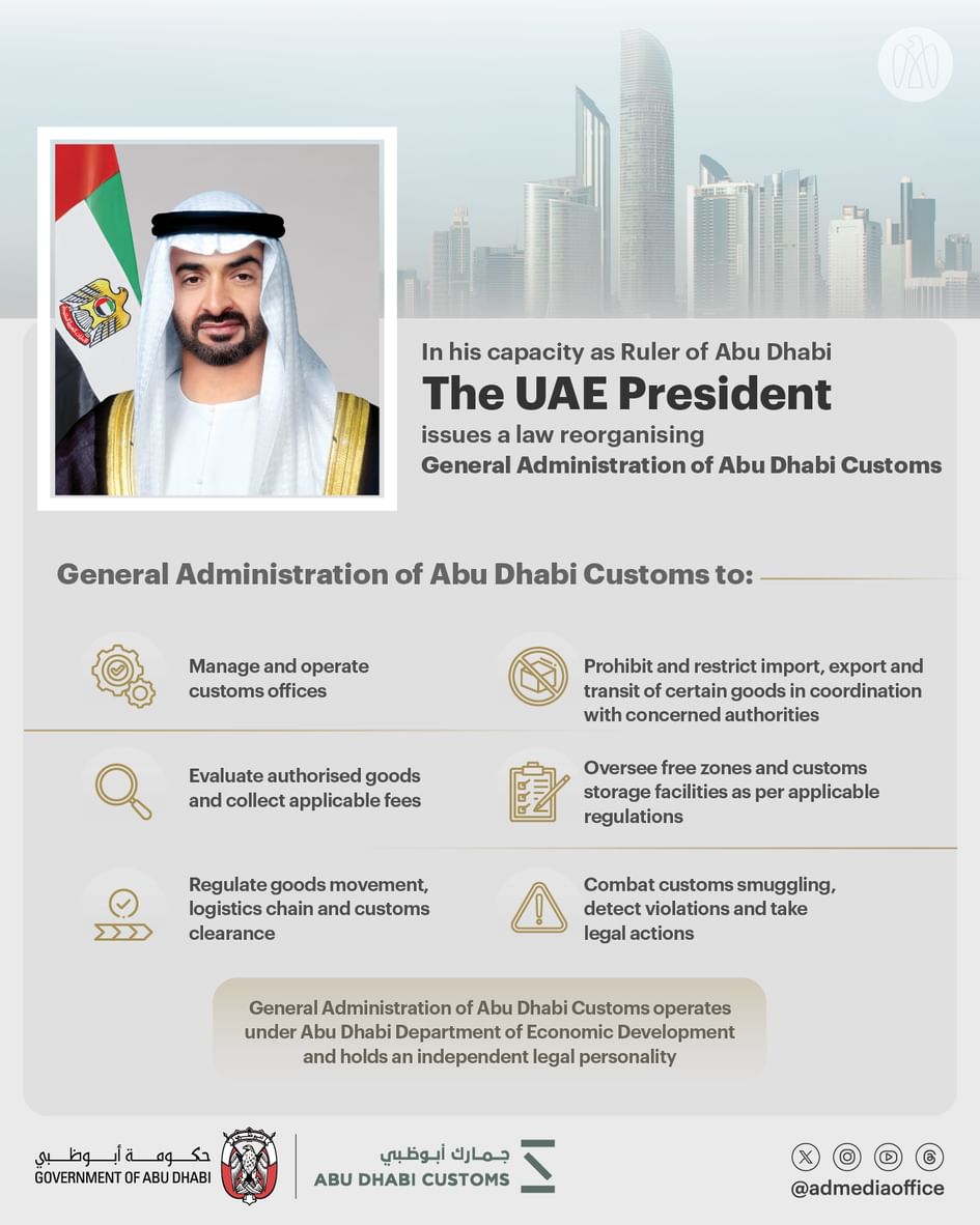 In his capacity as Ruler of Abu Dhabi, UAE President issues law reorganising General Administration of Abu Dhabi Customs