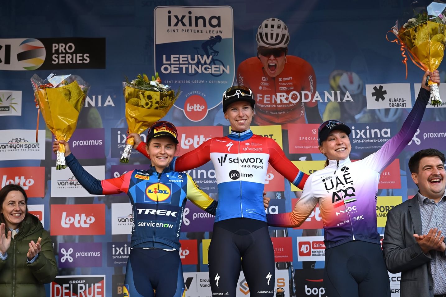 UAE Team ADQ on podium in Oetingen with Megan Jastrab