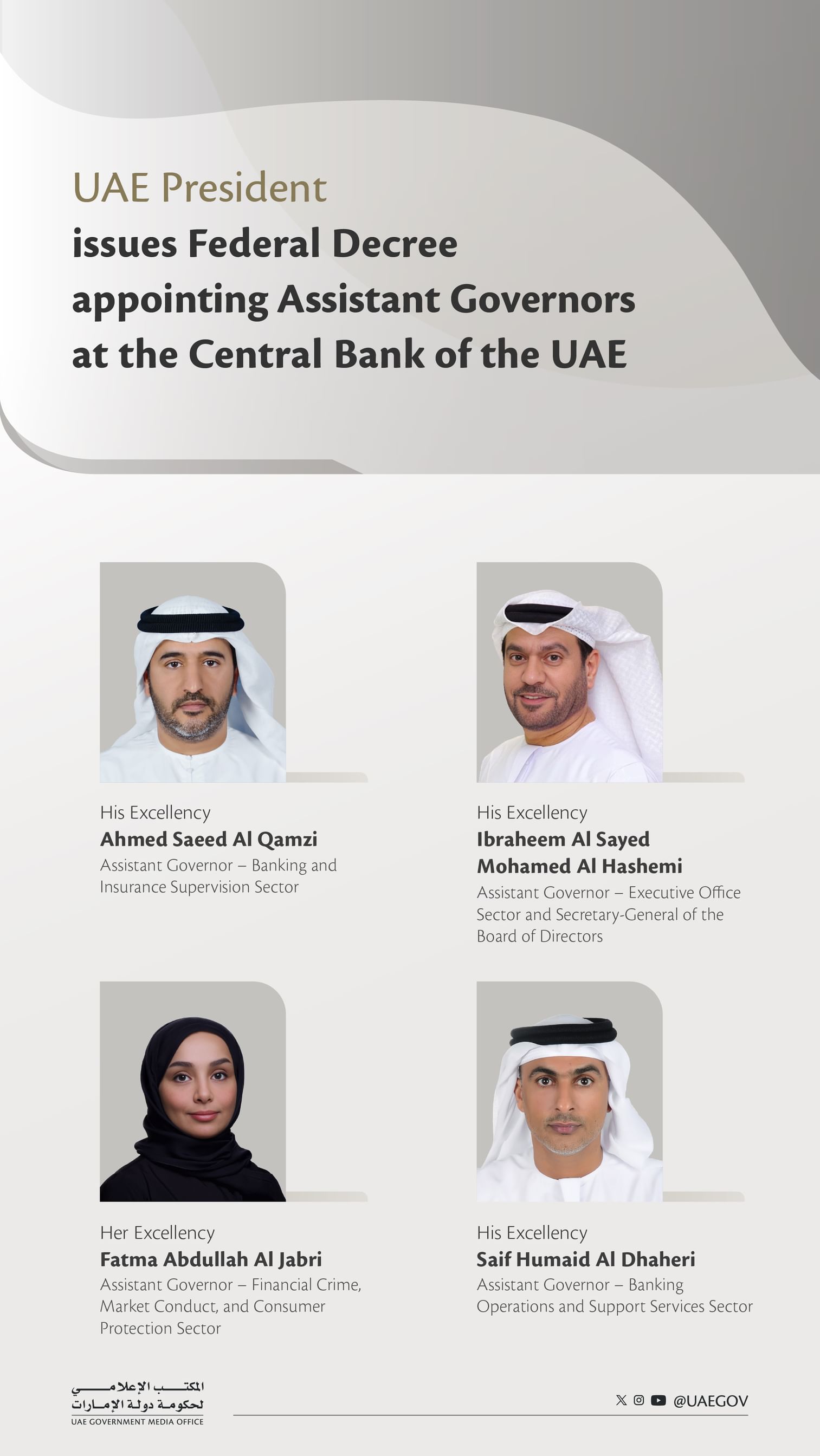UAE President issues Federal Decree appointing Assistant Governors at CBUAE