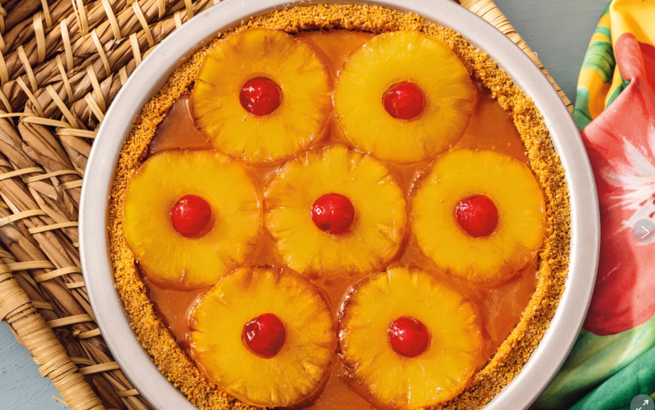 It’s a little taste of Hawaii in a pie. Coconut custard meets pineapple upside-down topping